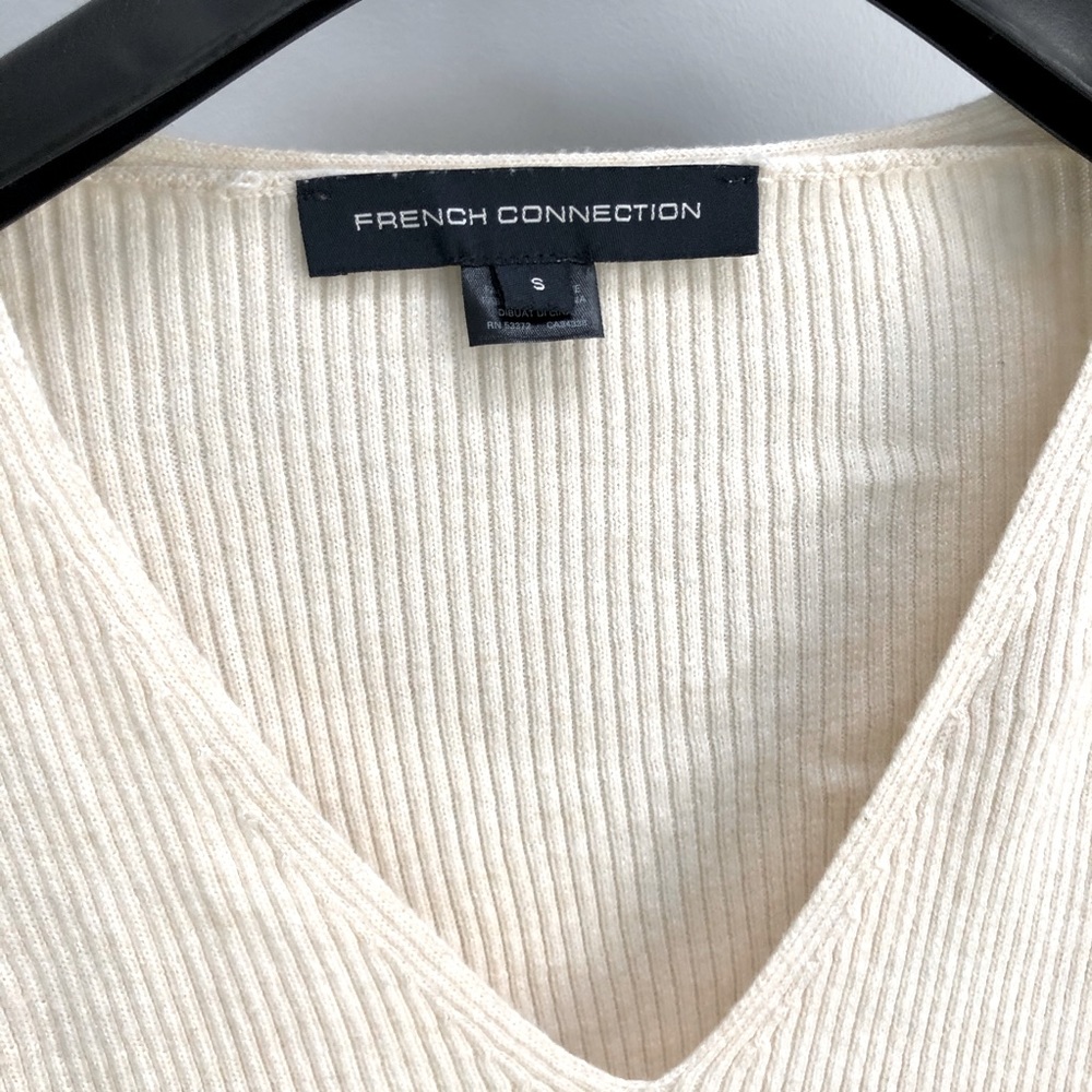 French Connection Cream Ribbed V-Neck Sweater - Picture 2 of 3